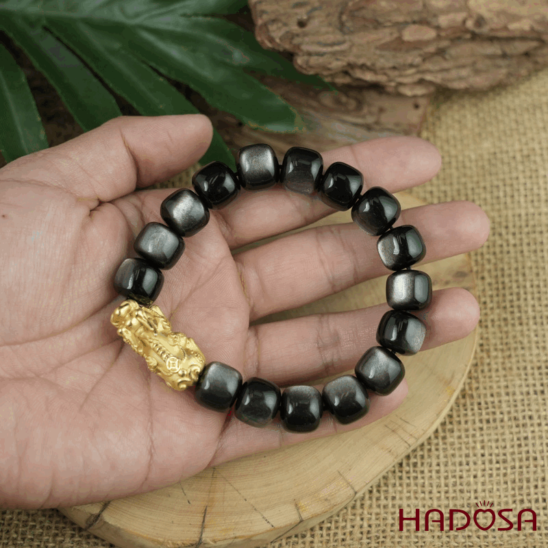 Vòng tay đá Obsidian-Hắc Diện Thạch ánh bạc hạt trụ 10x11mm mix tỳ hưu bạc mạ vàng