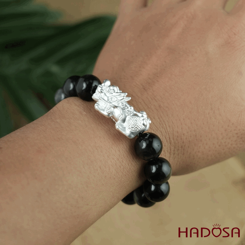 Vòng tay đá Obsidian-Hắc Diện Thạch ánh bạc 12mm mix tỳ hưu bạc