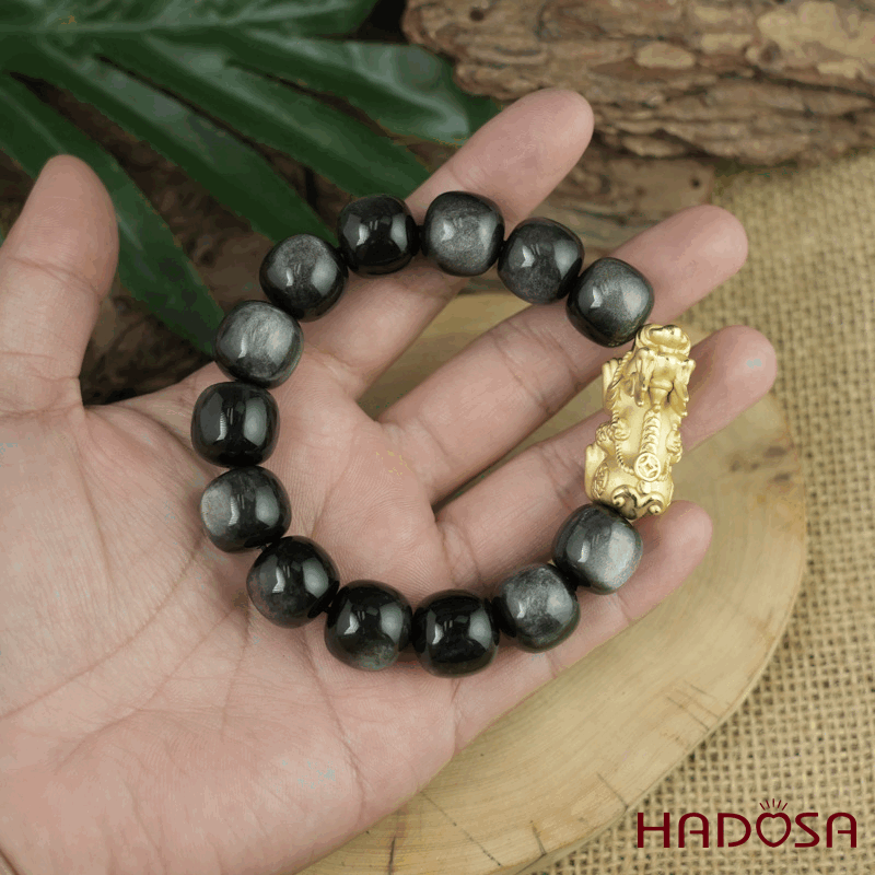 Vòng tay đá Obsidian-Hắc Diện Thạch ánh bạc hạt trụ 13x14mm mix tỳ hưu bạc mạ vàng