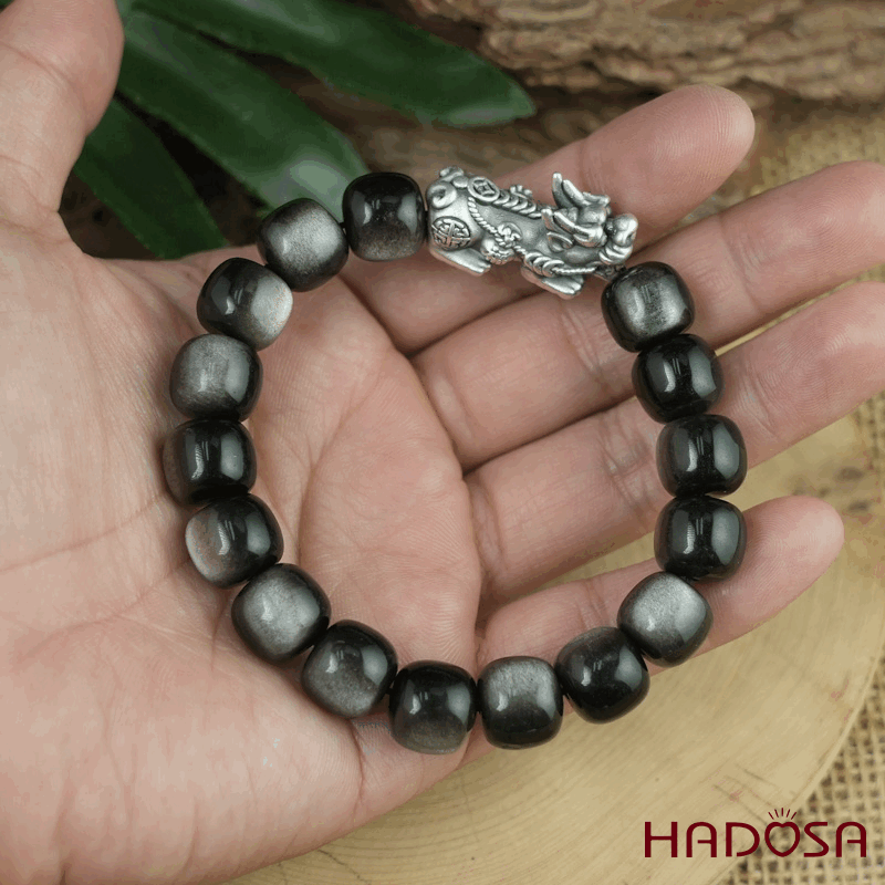 Vòng tay đá Obsidian-Hắc Diện Thạch ánh bạc hạt trụ 10x11mm mix tỳ hưu bạc