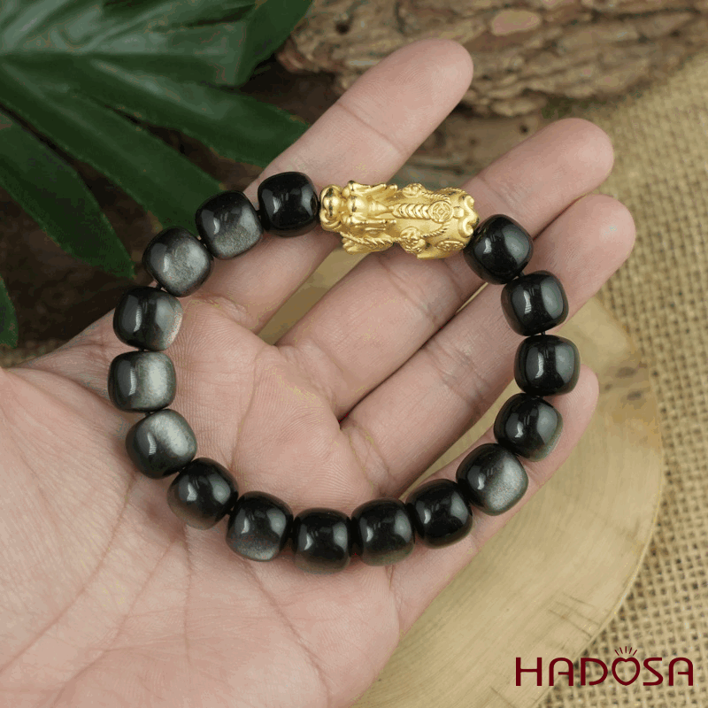 Vòng tay đá Obsidian-Hắc Diện Thạch ánh bạc hạt trụ 11x12mm mix tỳ hưu bạc mạ vàng