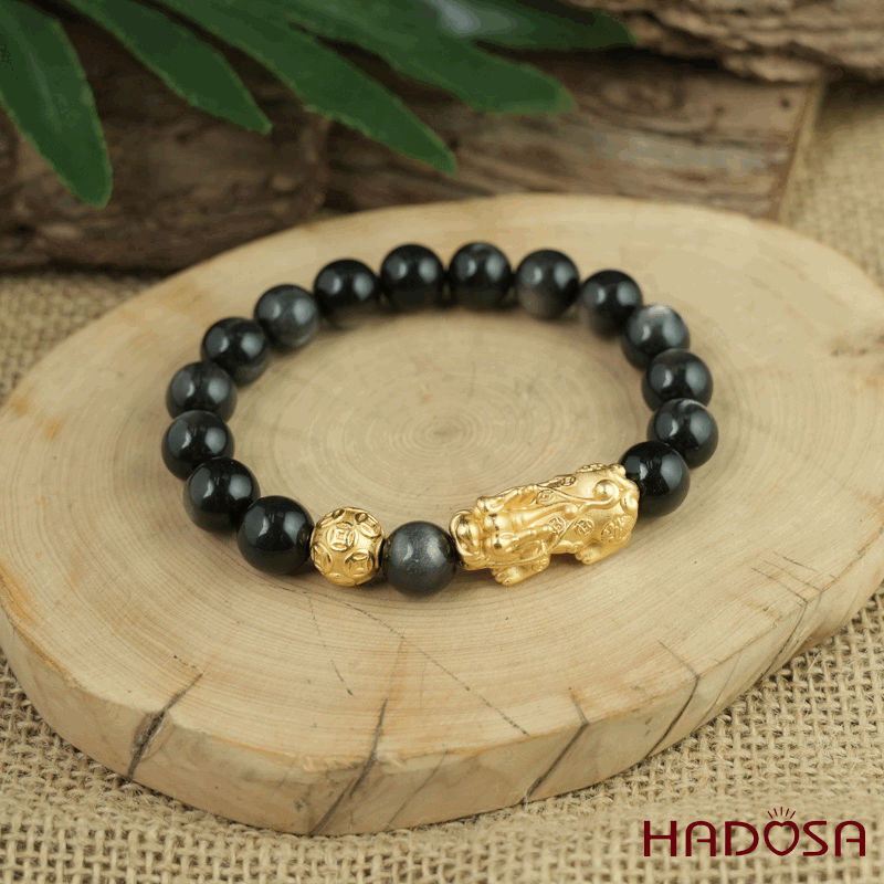 Vòng tay đá Obsidian-Hắc Diện Thạch ánh bạc 10mm mix tỳ hưu mạ vàng