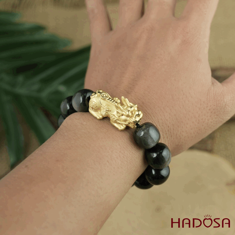 Vòng tay đá Obsidian-Hắc Diện Thạch ánh bạc hạt trụ 13x14mm mix tỳ hưu bạc mạ vàng