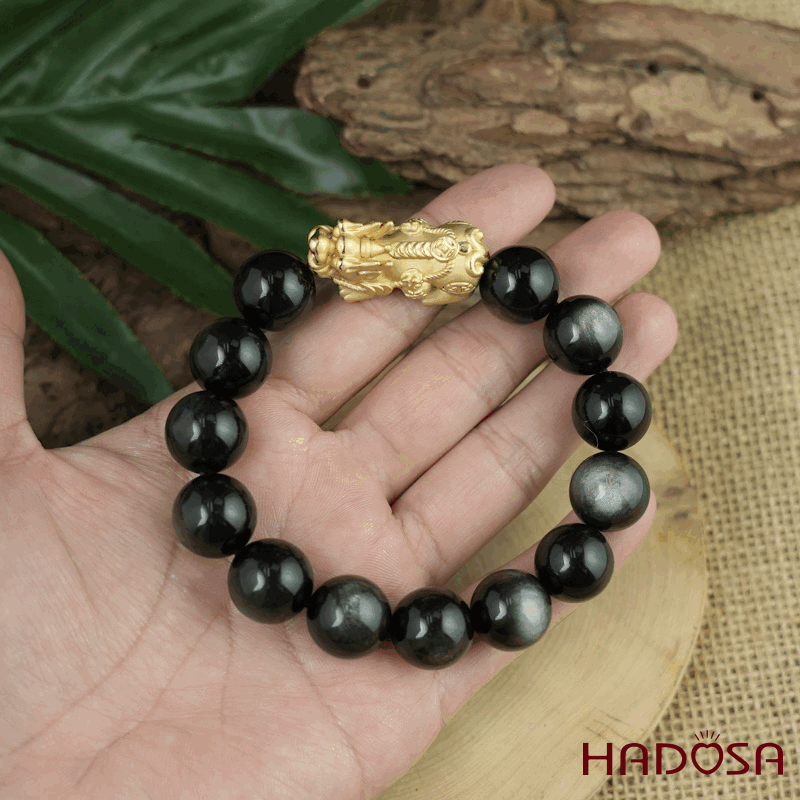 Vòng tay đá Obsidian-Hắc Diện Thạch ánh bạc 14mm mix charm bạc mạ vàng