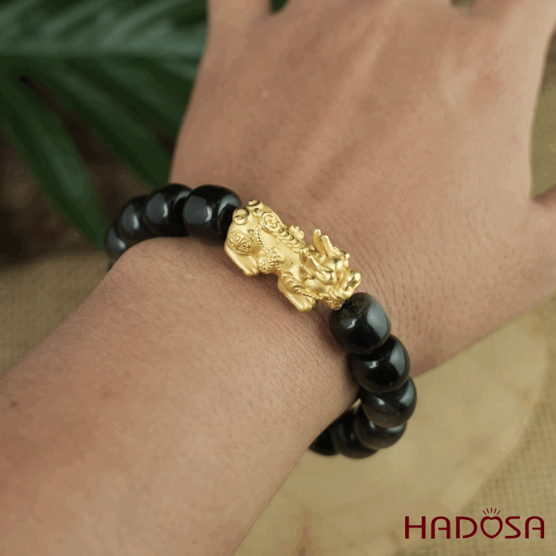 Vòng tay đá Obsidian-Hắc Diện Thạch ánh bạc hạt trụ 11x12mm mix tỳ hưu bạc mạ vàng