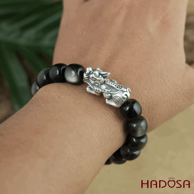 Vòng tay đá Obsidian-Hắc Diện Thạch ánh bạc hạt trụ 10x11mm mix tỳ hưu bạc