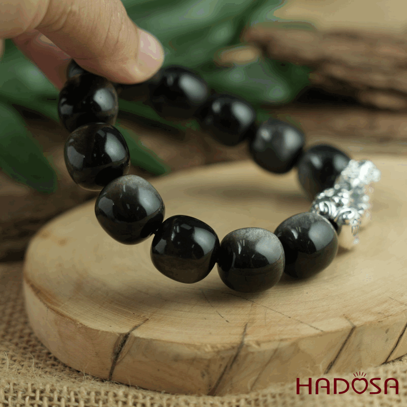 Vòng tay đá Obsidian-Hắc Diện Thạch ánh bạc hạt trụ 16mm mix tỳ hưu bạc