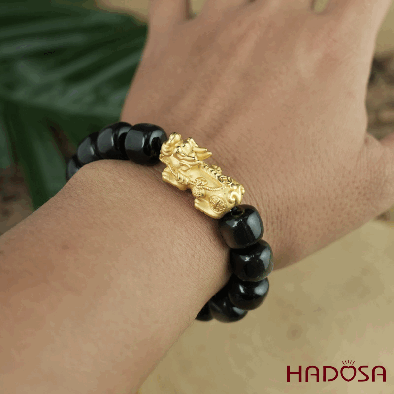 Vòng tay đá Obsidian-Hắc Diện Thạch ánh bạc hạt trụ 10x11mm mix tỳ hưu bạc mạ vàng