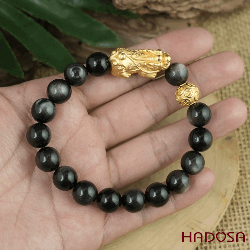 Vòng tay đá Obsidian-Hắc Diện Thạch ánh bạc 10mm mix tỳ hưu mạ vàng