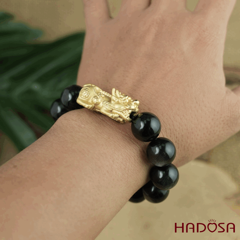 Vòng tay đá Obsidian-Hắc Diện Thạch ánh bạc 14mm mix charm bạc mạ vàng