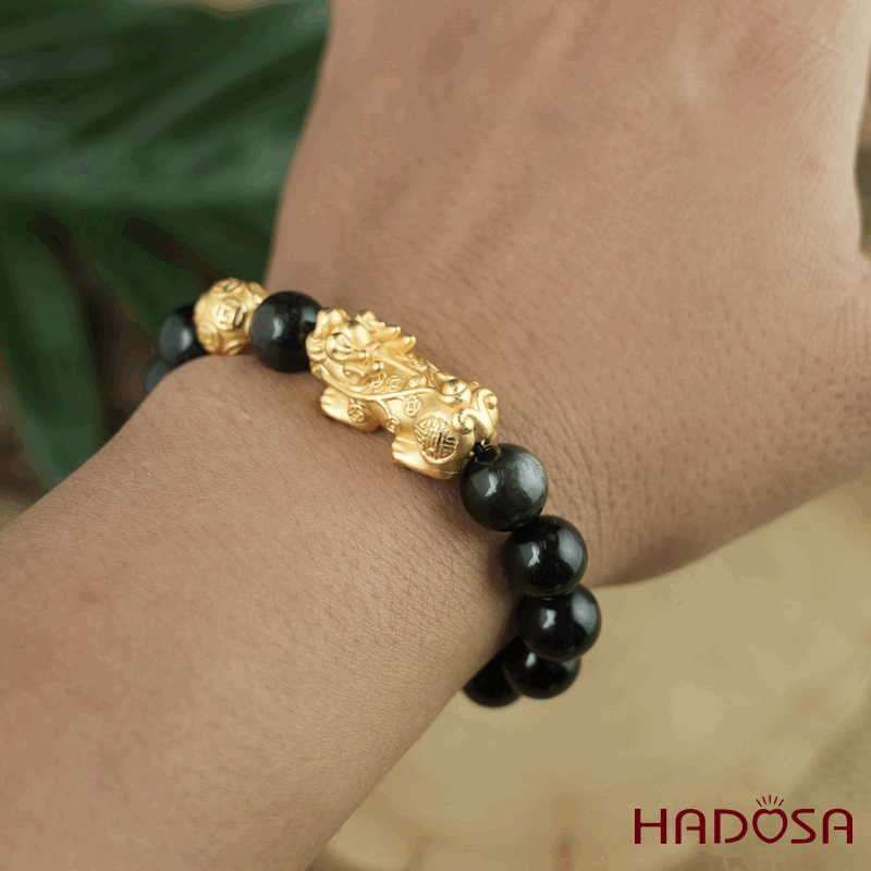 Vòng tay đá Obsidian-Hắc Diện Thạch ánh bạc 10mm mix tỳ hưu mạ vàng