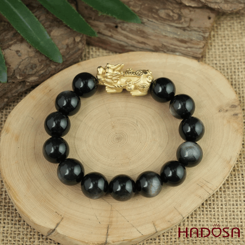 Vòng tay đá Obsidian-Hắc Diện Thạch ánh bạc 14mm mix charm bạc mạ vàng