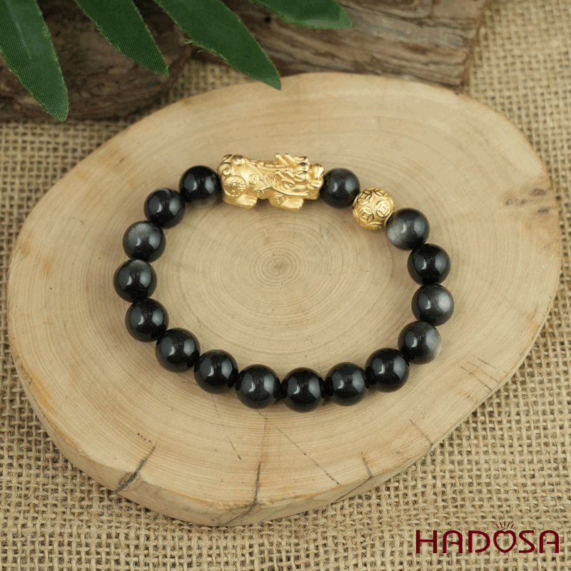 Vòng tay đá Obsidian-Hắc Diện Thạch ánh bạc 10mm mix tỳ hưu mạ vàng