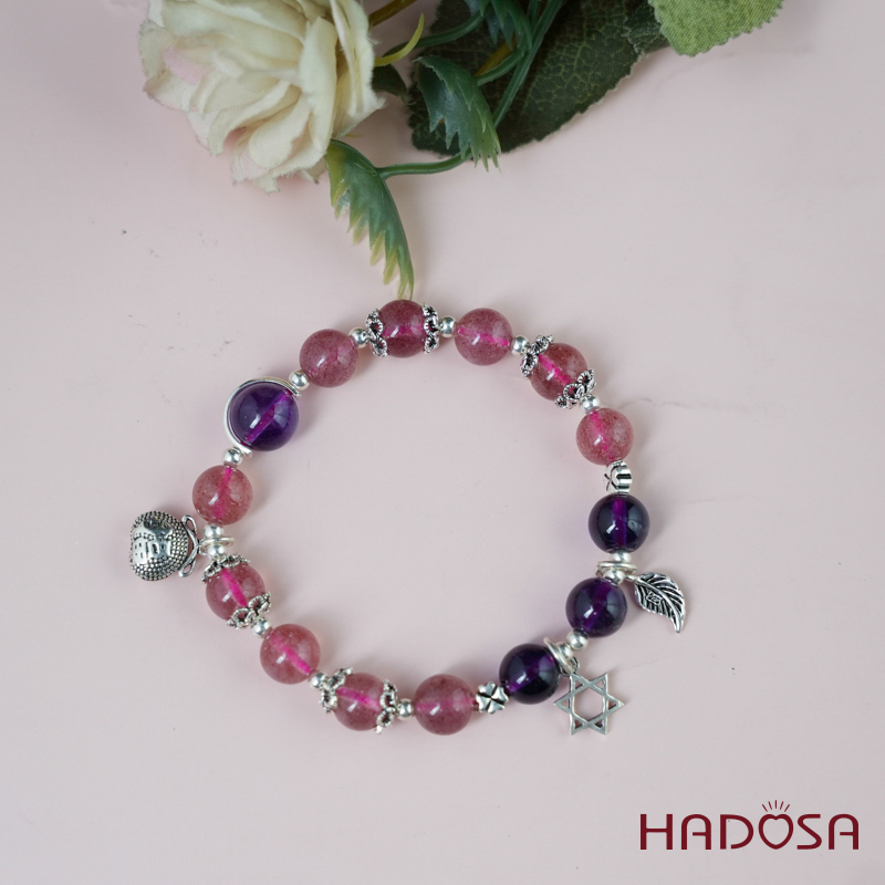 Vòng tay thạch anh dâu tây thạch anh tím 8mm charm bạc 925