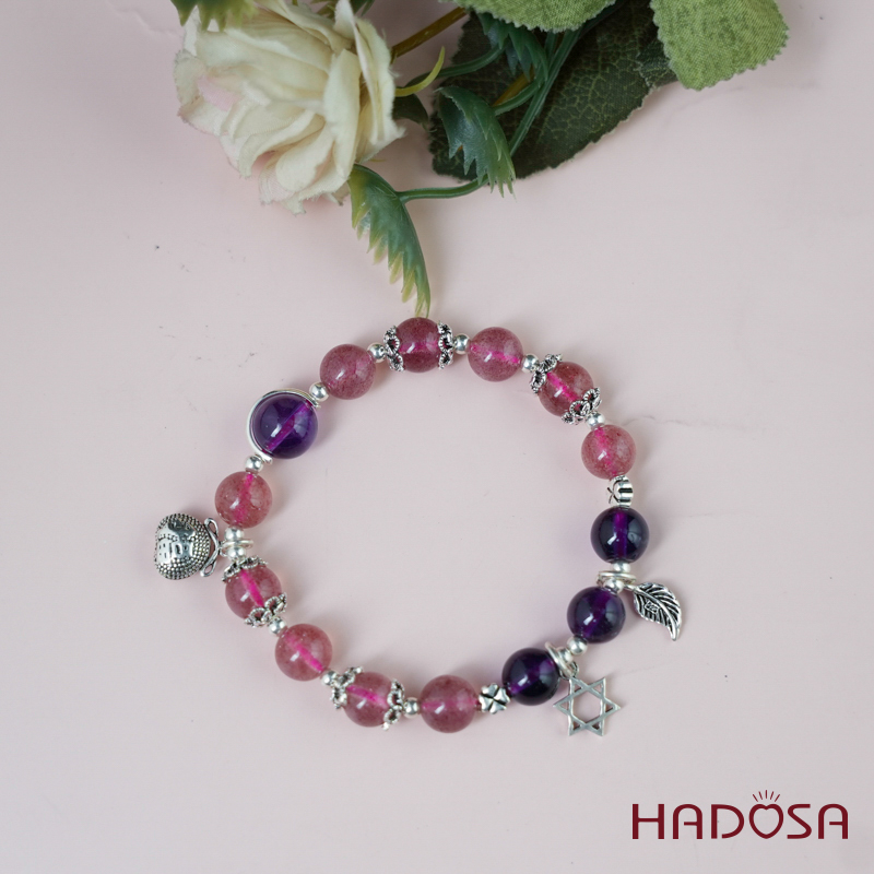 Vòng tay thạch anh dâu tây thạch anh tím 8mm charm bạc 925