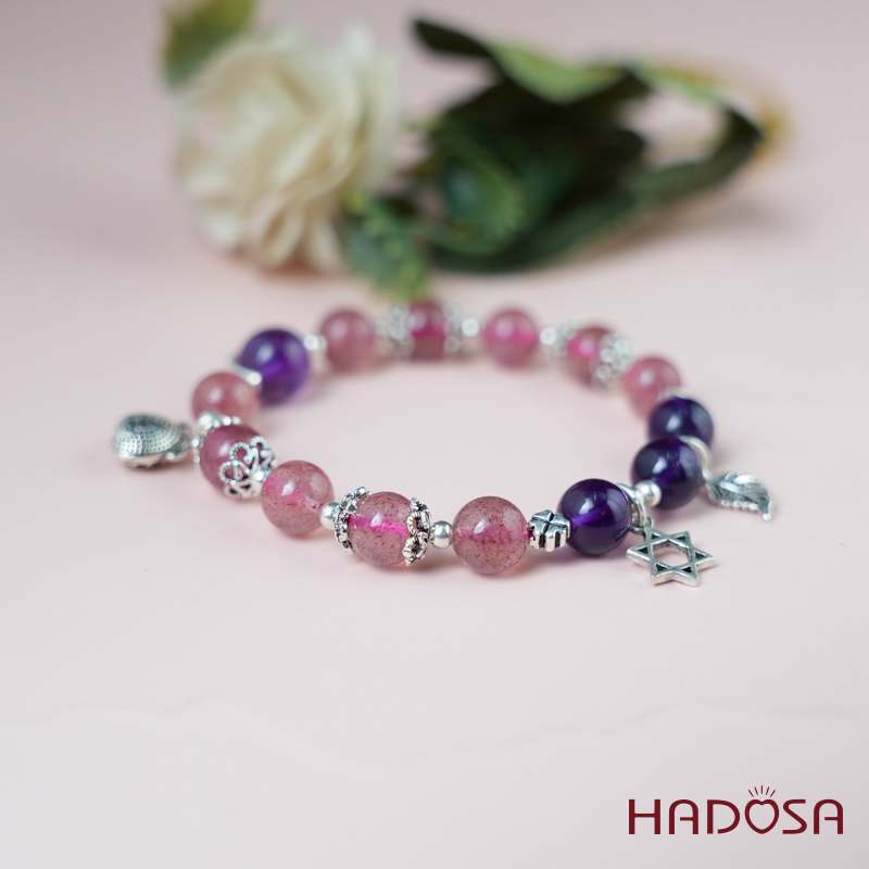 Vòng tay thạch anh dâu tây thạch anh tím 8mm charm bạc 925