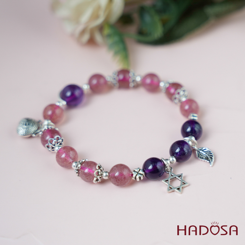 Vòng tay thạch anh dâu tây thạch anh tím 8mm charm bạc 925