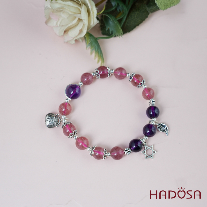 Vòng tay thạch anh dâu tây thạch anh tím 8mm charm bạc 925