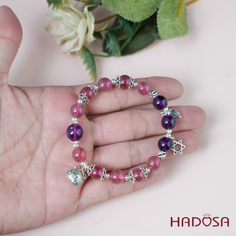 Vòng tay thạch anh dâu tây thạch anh tím 8mm charm bạc 925