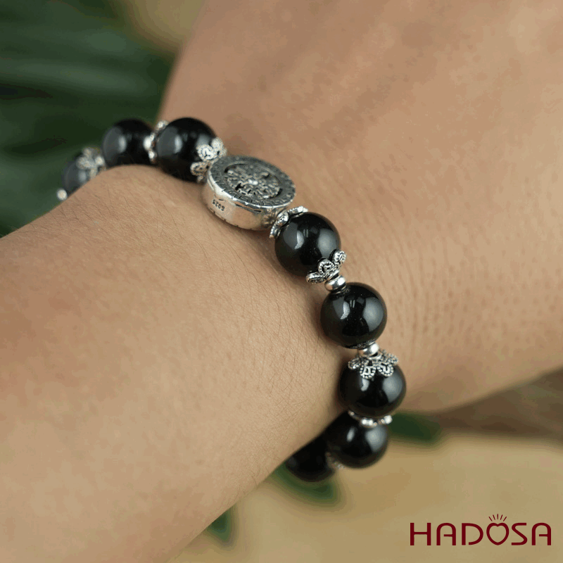 Vòng Thạch anh đen 10mm mix charm bạc