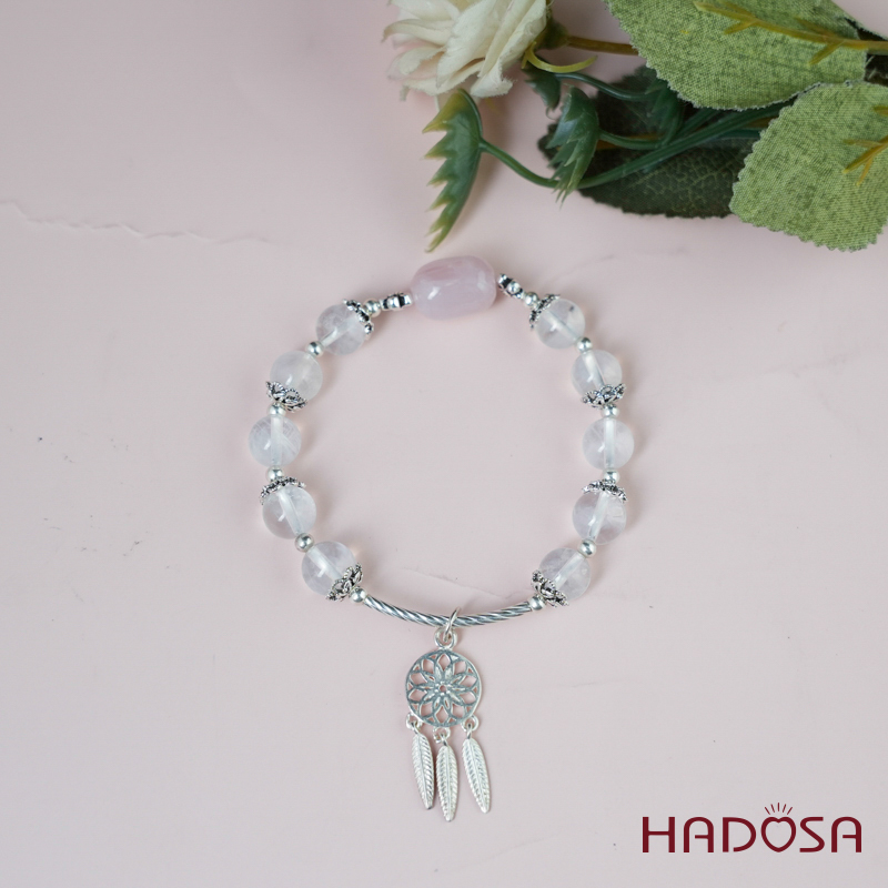 Vòng tay thạch anh trắng mix lu thống thạch anh hồng charm bạc 925