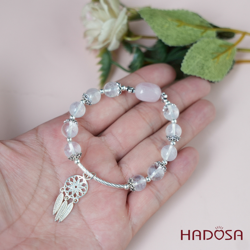 Vòng tay thạch anh trắng mix lu thống thạch anh hồng charm bạc 925