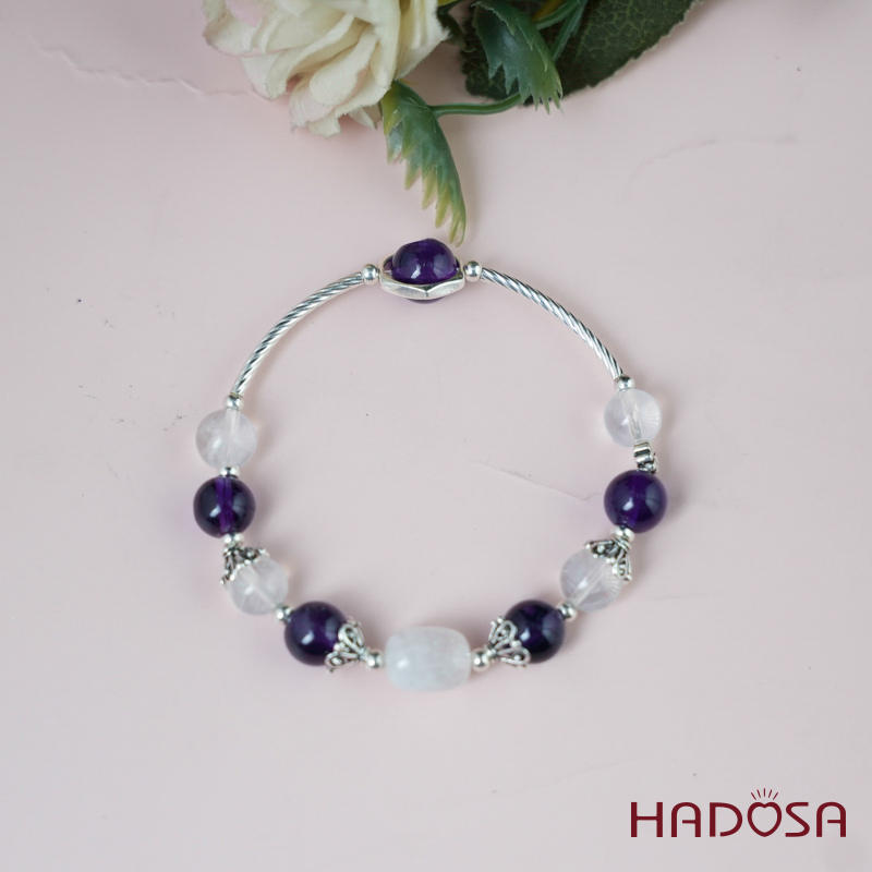 Vòng thạch anh tím mix thạch anh trắng charm bạc 925