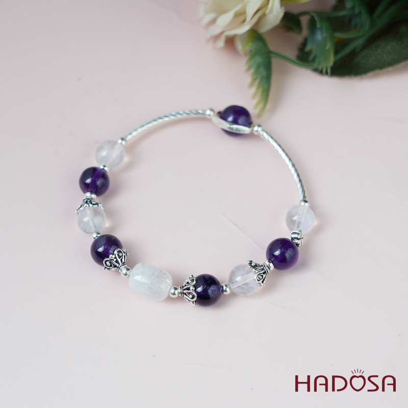 Vòng thạch anh tím mix thạch anh trắng charm bạc 925