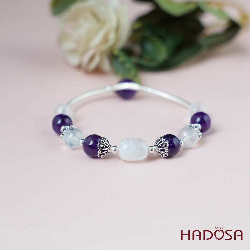 Vòng thạch anh tím mix thạch anh trắng charm bạc 925