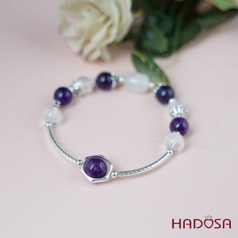 Vòng thạch anh tím mix thạch anh trắng charm bạc 925