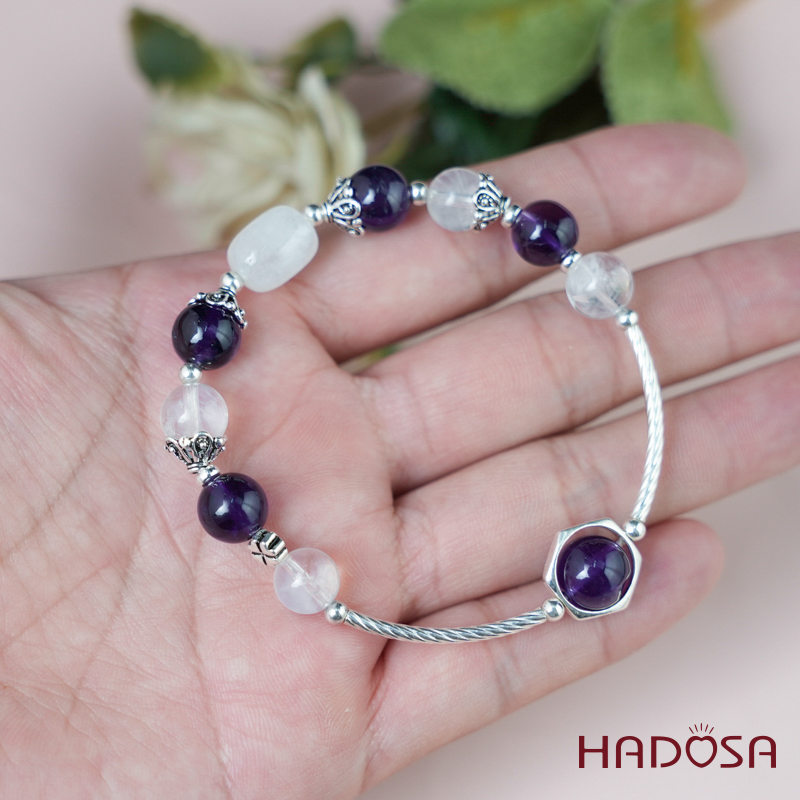 Vòng thạch anh tím mix thạch anh trắng charm bạc 925