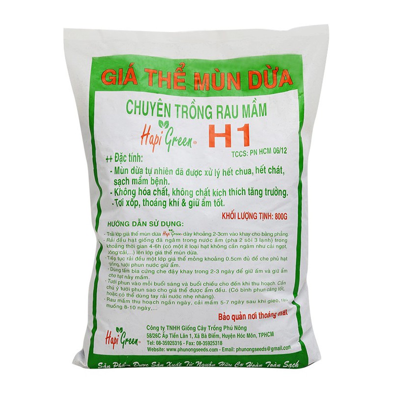 Đất sạch H1 chuyên trồng rau mầm sạch, an toàn Phú Nông 800gram