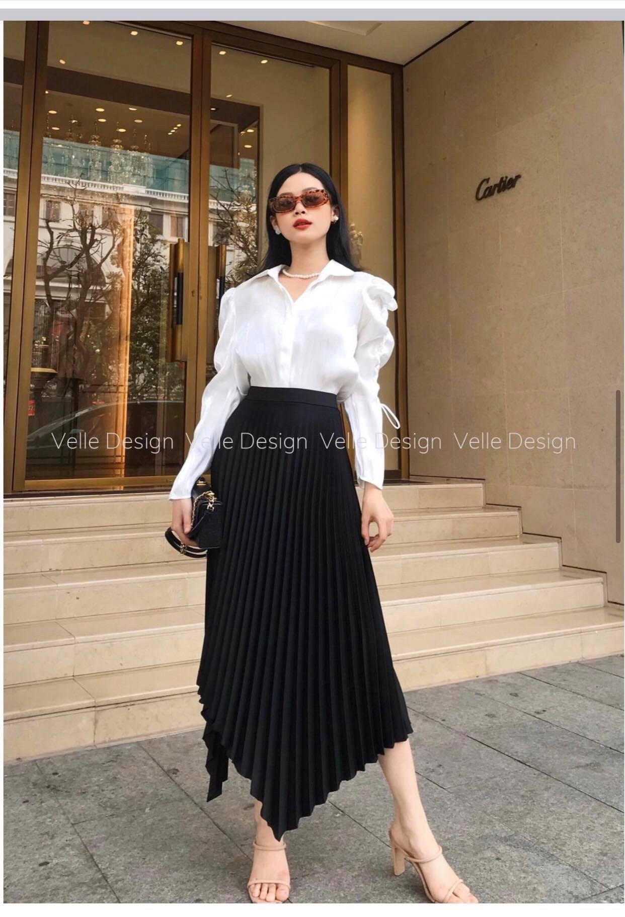 Chân váy midi xòe xếp ly màu đỏ CV03-35 | Thời trang công sở K&K Fashion