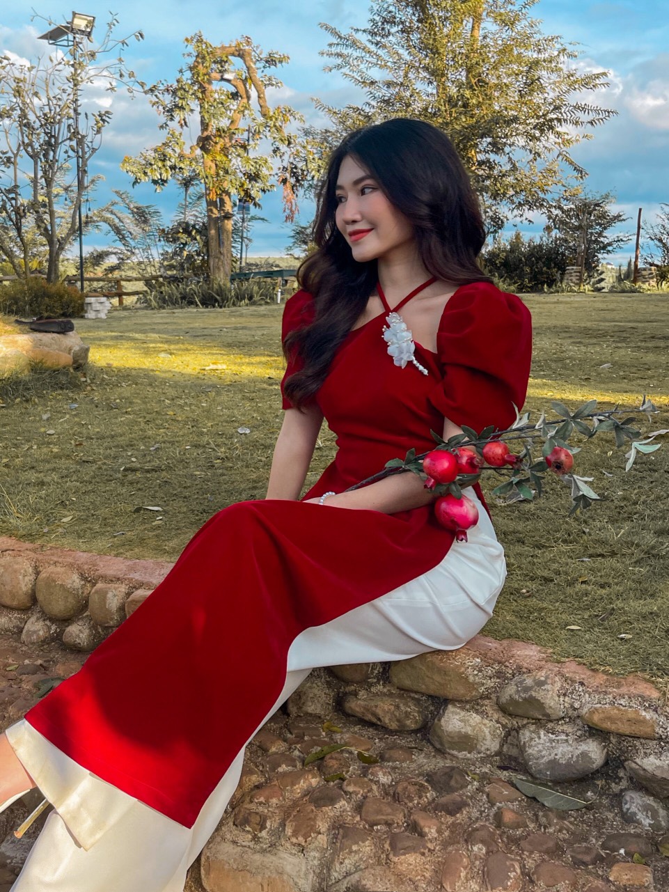 VELLE DESIGN - Áo dài tết Ruby chất nhung mịn dày dặn kèm quần lụa