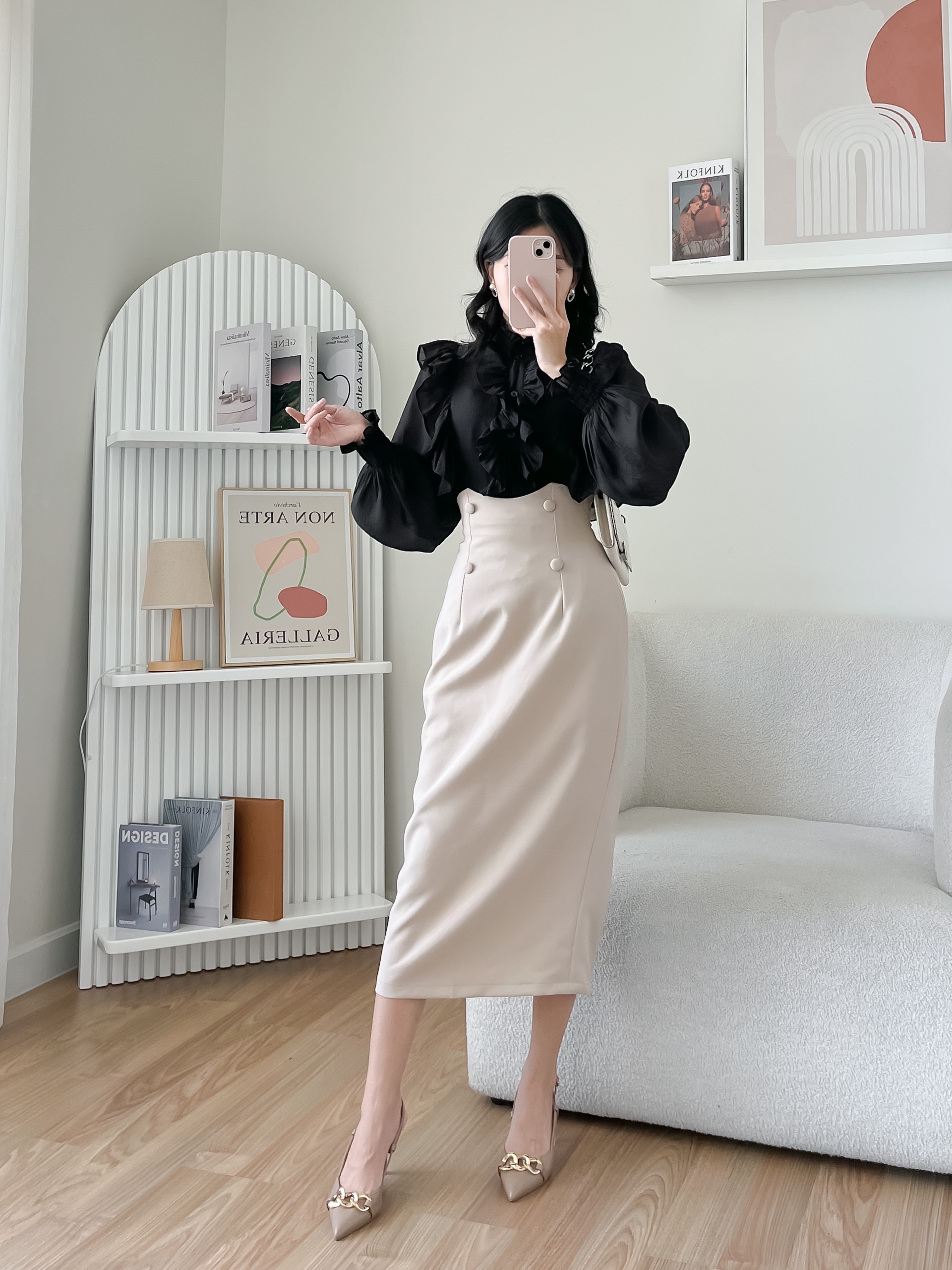 Chân váy xòe đen tơ Hàn