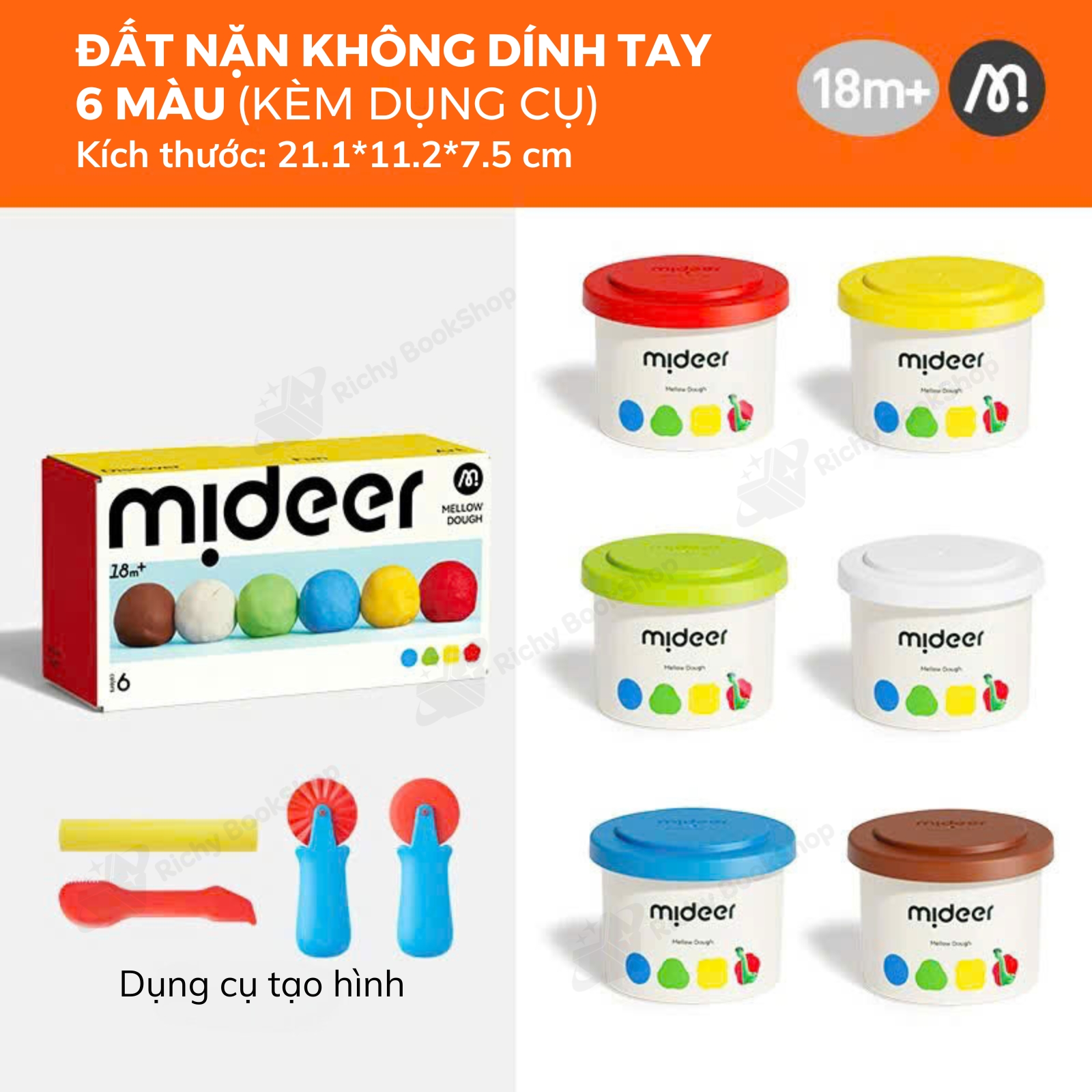 Combo đất nặn gạo hữu cơ không dính tay dùng nhiều lần bộ 6 màu kèm dụng cụ