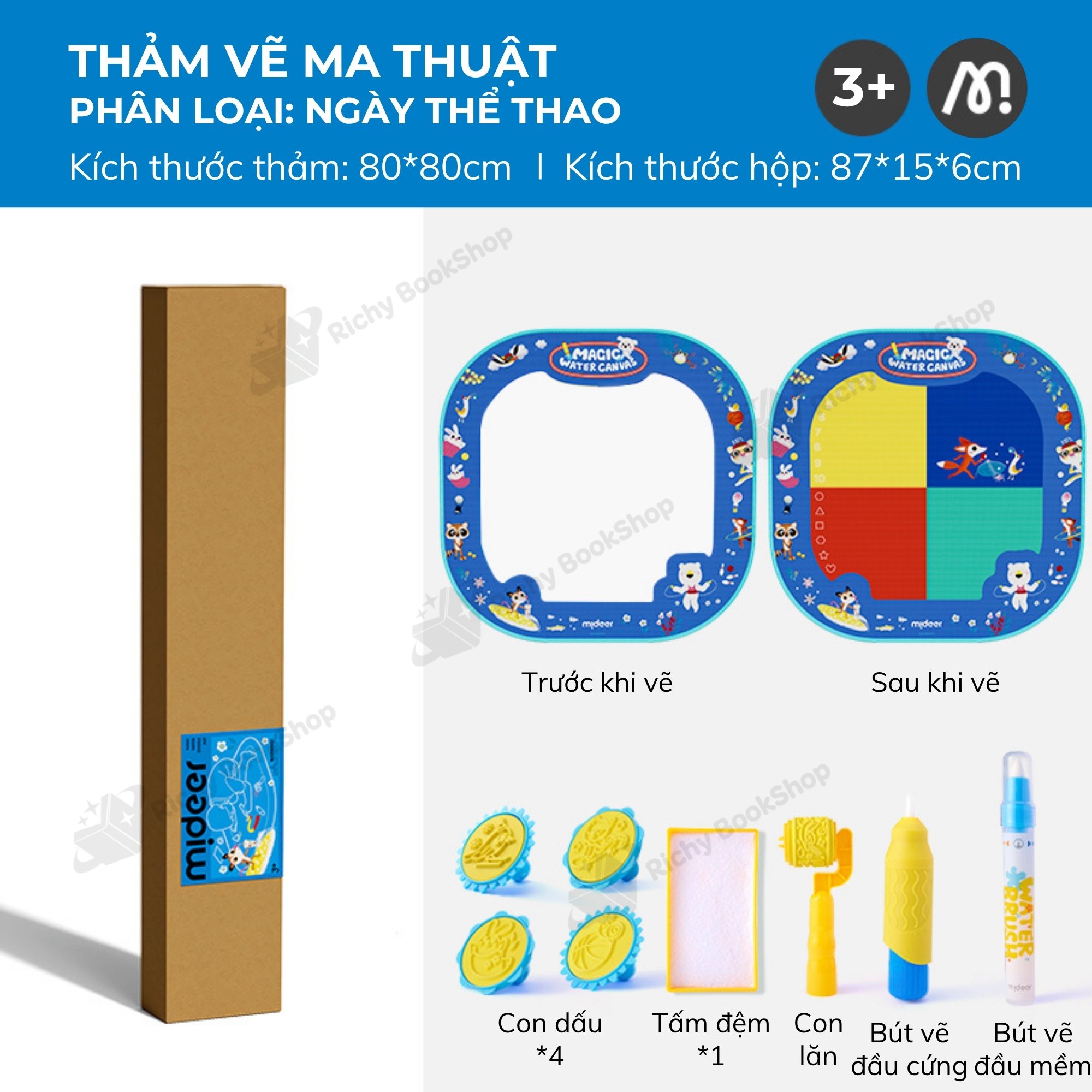 Thảm vẽ tranh nước, tranh tô màu nước ma thuật Mideer Magic Water Doodle Mat