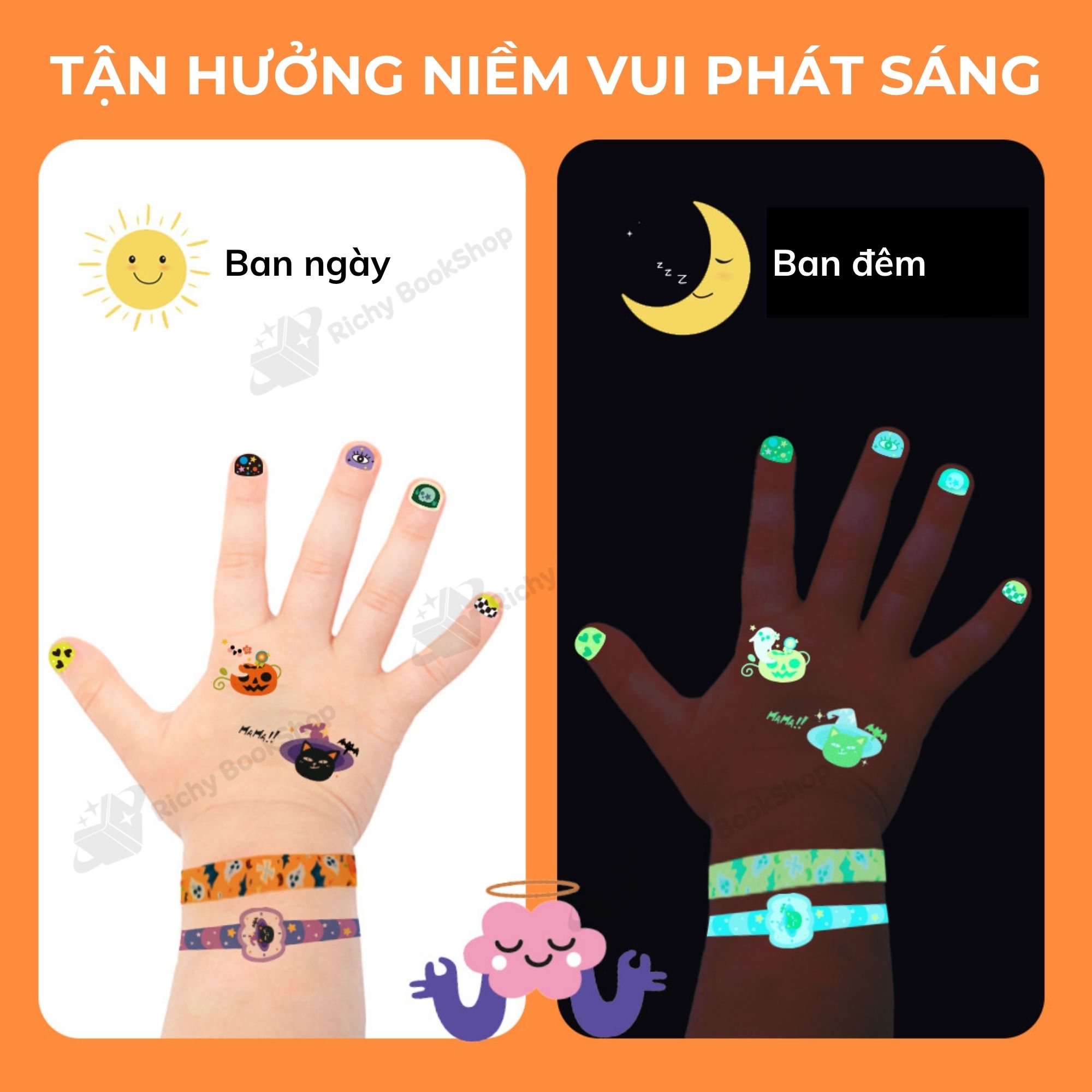 Hình xăm cho bé, dán móng tay phát sáng Mideer Halloween dress up sticker pack