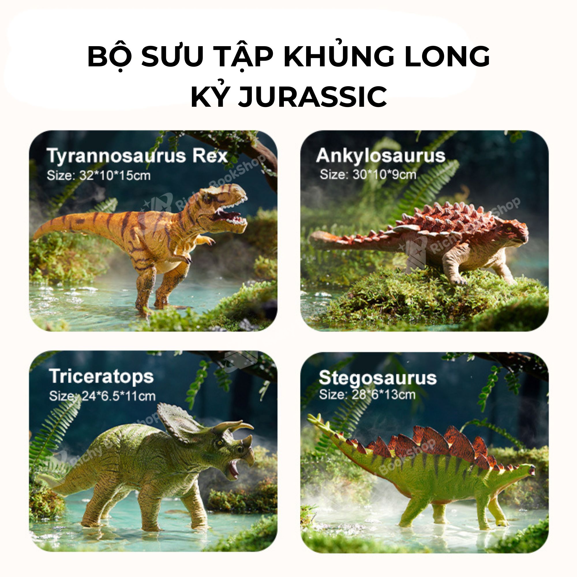 Mô Hình Khủng Long Kỷ Jurassic Size Lớn Cao Cấp, Tyrannosaurus Rex, Triceratops, Stegosaurus, Ankylosaurus