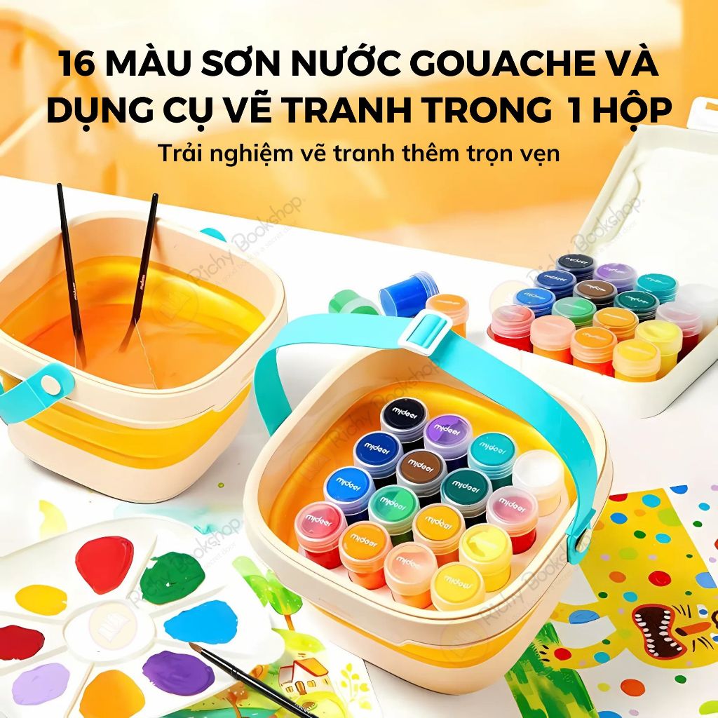 Bộ Màu Sơn Nước Cao Cấp 16 Màu Dễ Lau Chùi Kèm Dụng Cụ Và Hộp Đựng Gấp Gọn - Mideer Portable Gouache Paint Bucket Set