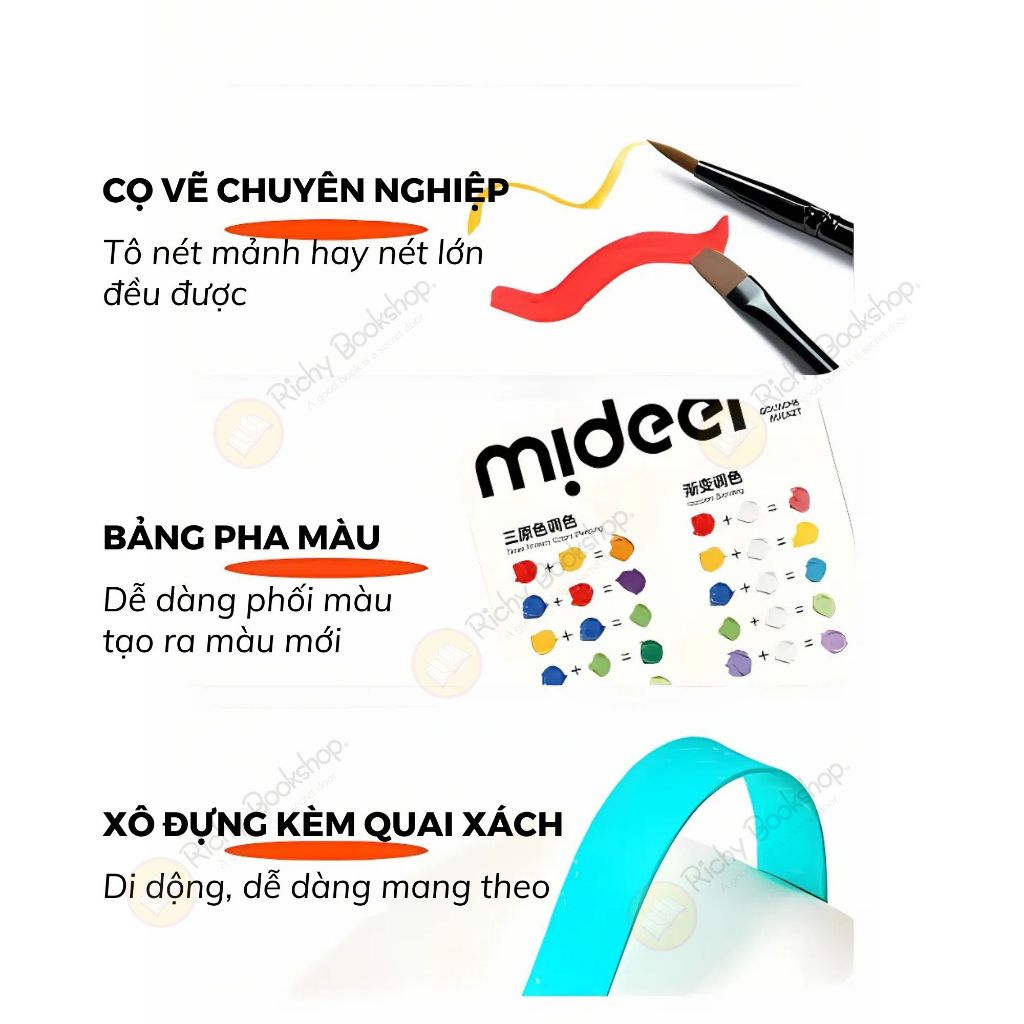 Bộ Màu Sơn Nước Cao Cấp 16 Màu Dễ Lau Chùi Kèm Dụng Cụ Và Hộp Đựng Gấp Gọn - Mideer Portable Gouache Paint Bucket Set