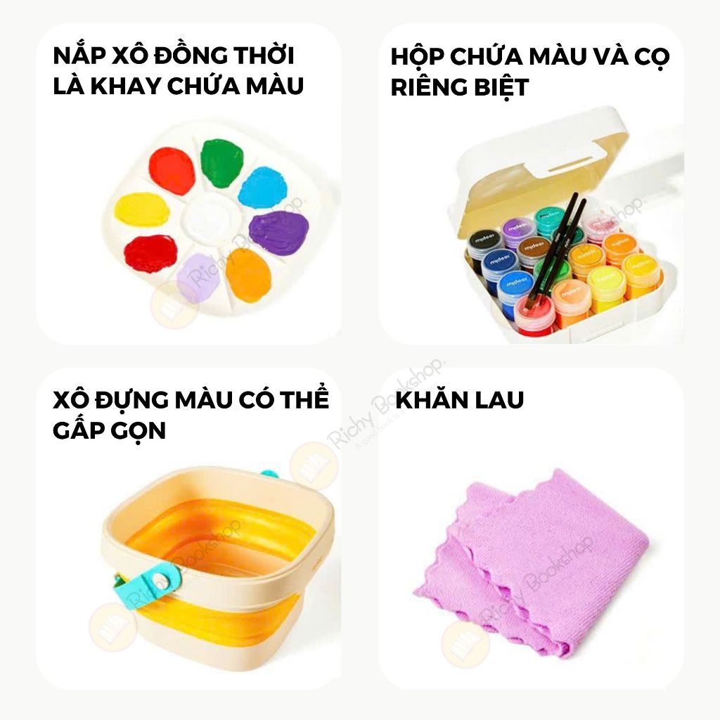 Bộ Màu Sơn Nước Cao Cấp 16 Màu Dễ Lau Chùi Kèm Dụng Cụ Và Hộp Đựng Gấp Gọn - Mideer Portable Gouache Paint Bucket Set
