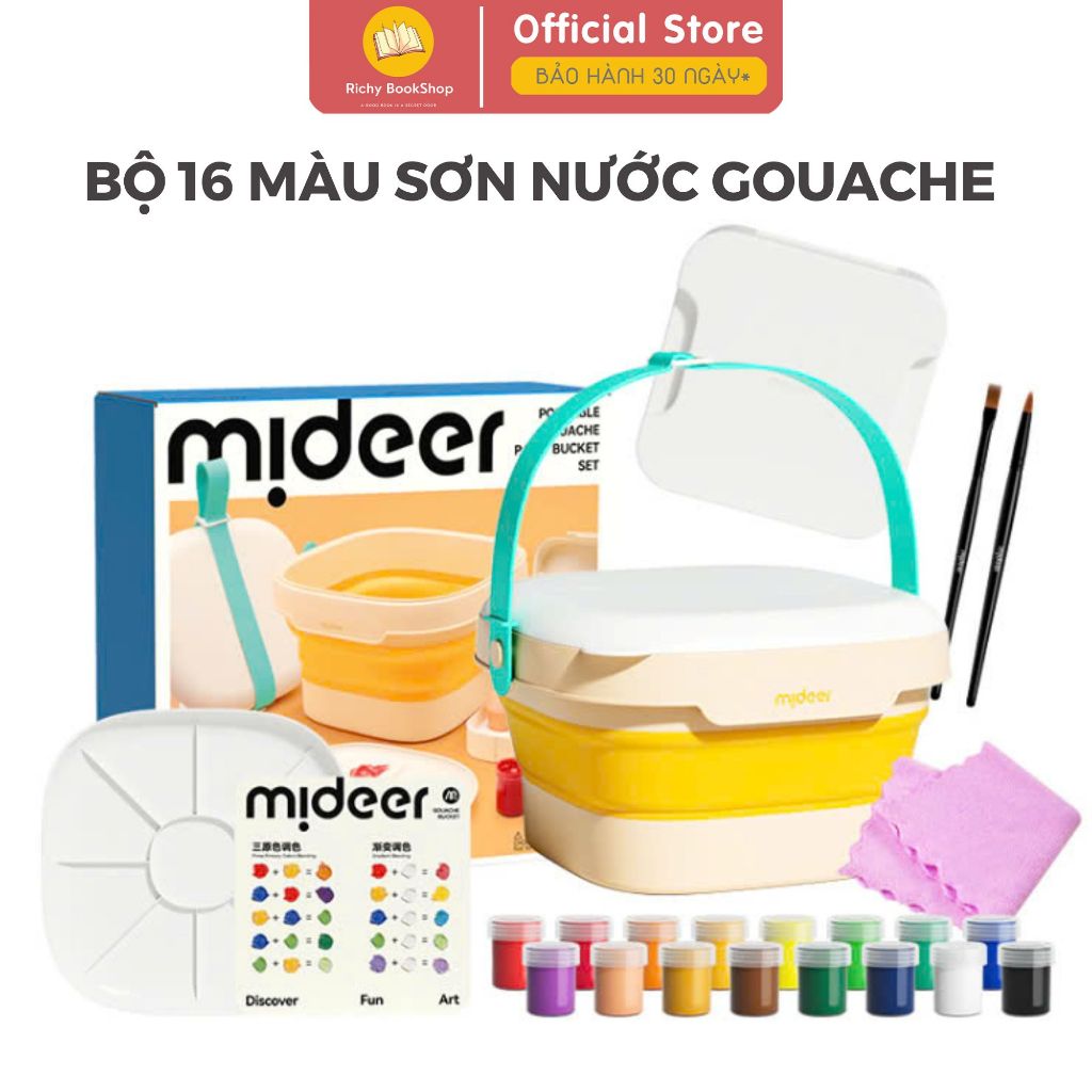 Bộ Màu Sơn Nước Cao Cấp 16 Màu Dễ Lau Chùi Kèm Dụng Cụ Và Hộp Đựng Gấp Gọn - Mideer Portable Gouache Paint Bucket Set