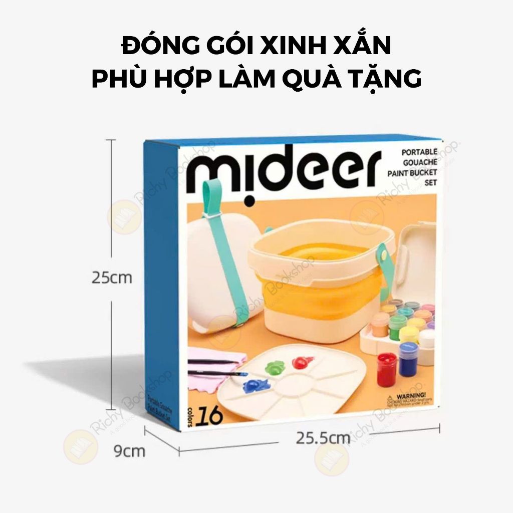 Bộ Màu Sơn Nước Cao Cấp 16 Màu Dễ Lau Chùi Kèm Dụng Cụ Và Hộp Đựng Gấp Gọn - Mideer Portable Gouache Paint Bucket Set
