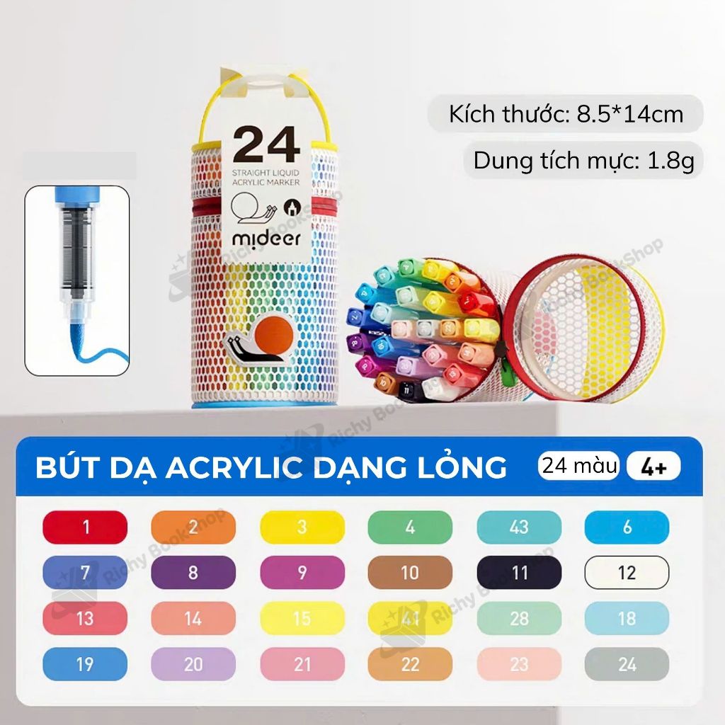 Màu dạ nước Acrylic Markers Mideer, bút màu nước dạng lỏng Mideer Straight Liquid Acrylic Marker