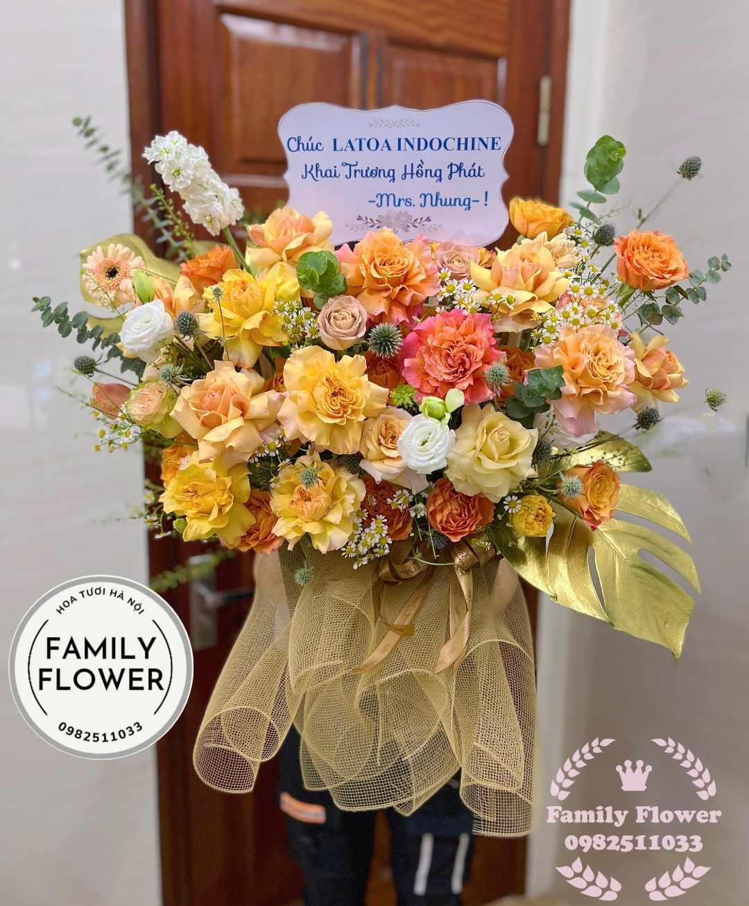 Lẵng hoa cam vàng sang trọng chúc mừng khai Trương ở quận Đống Đa , Ba Đình Hà Nội, hoa tươi Hà Nội