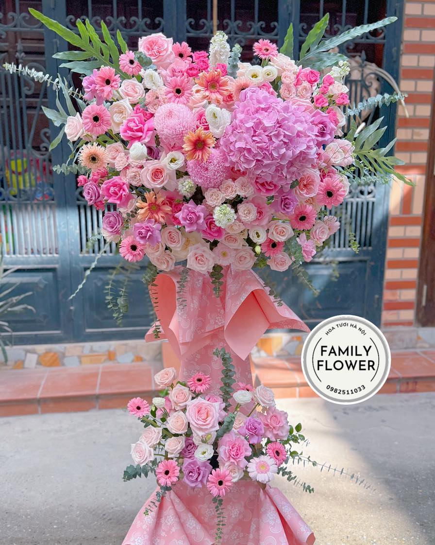 Kệ hoa tone hồng chúc mừng khai trương hồng phát ! Hoa khai trương Hà Nội ! Kệ hoa 2 tầng