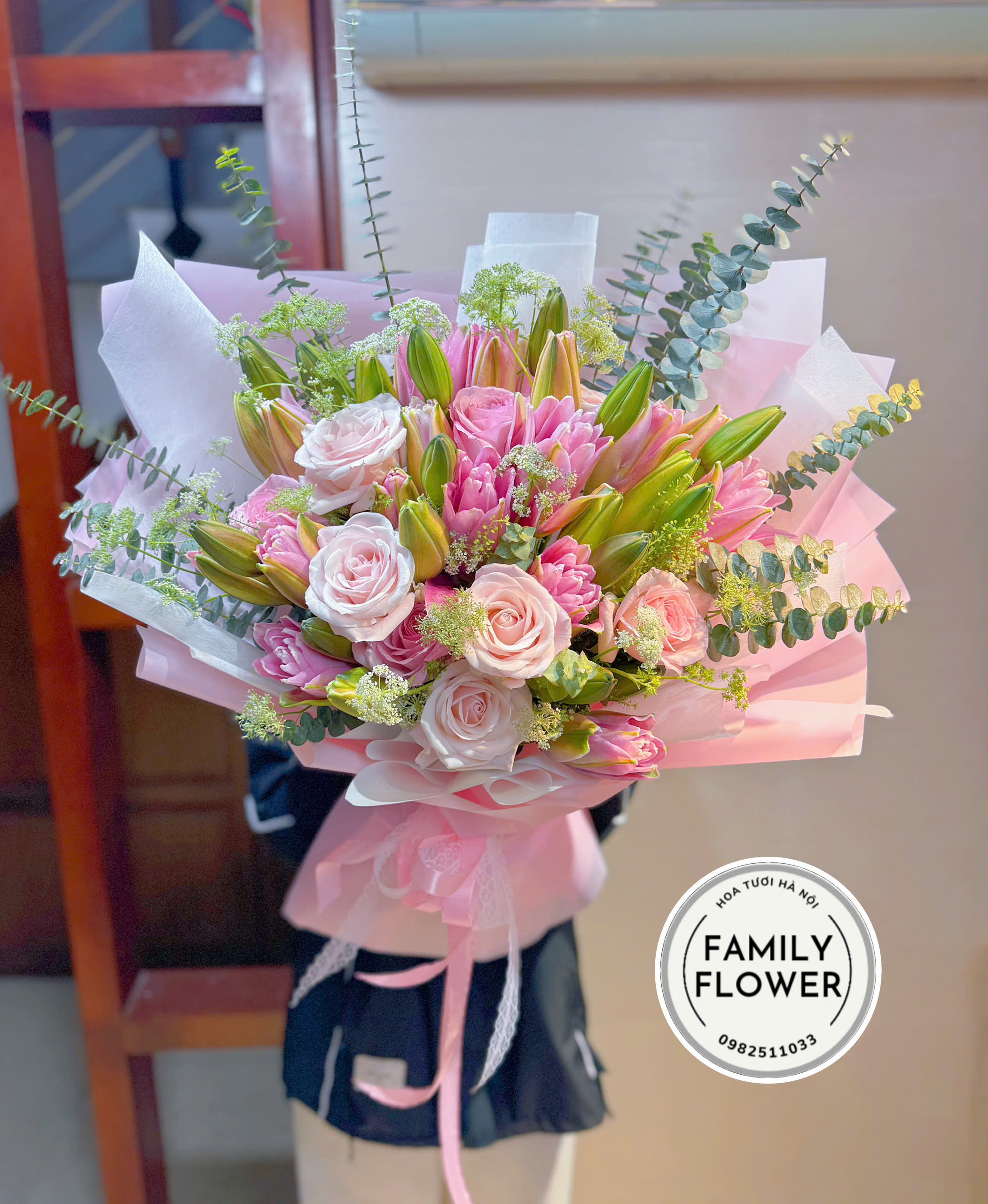 Bó hoa ly kép mix hồng Ohara tặng chúc mừng valentine tại Hà Nội ! Hoa valentine tặng chúc mừng người yêu Ba Đình