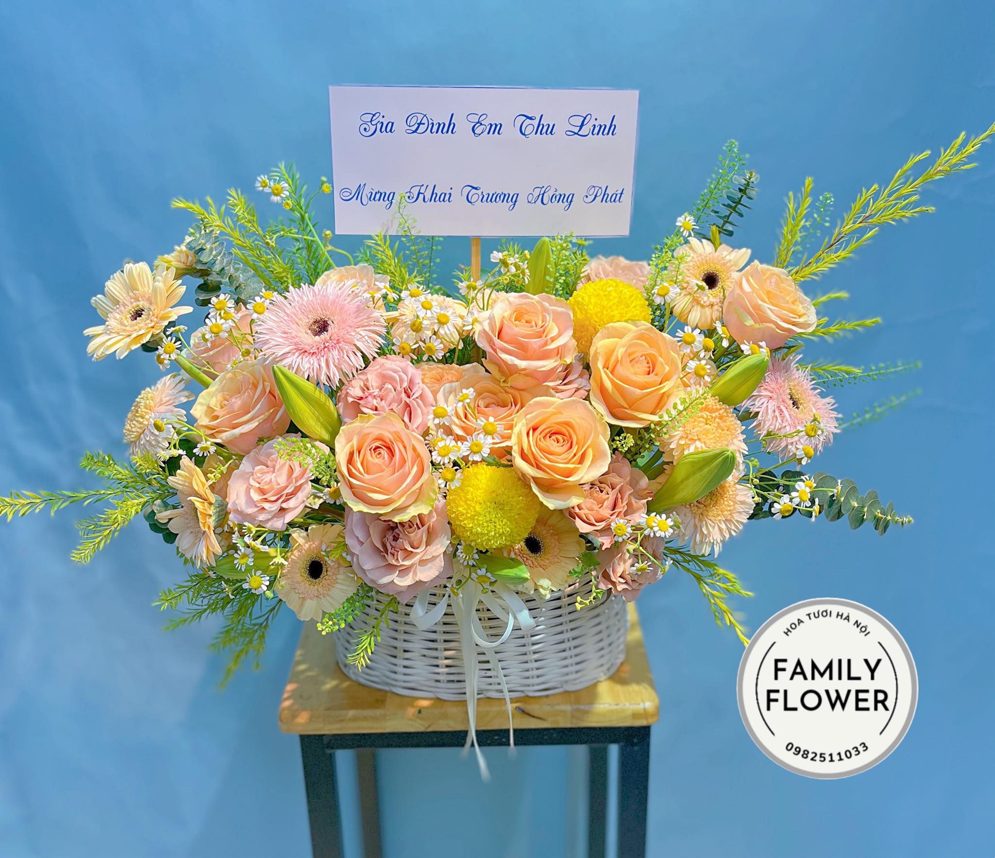 Lẵng hoa tone cam vàng tặng khai trương quận Ba Đình ! Mua hoa khai trương Ba Đình