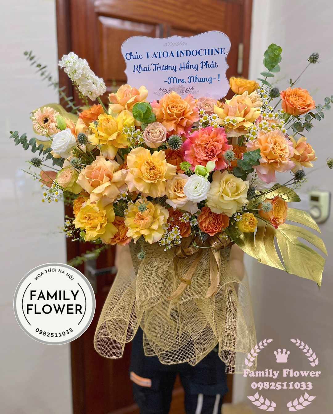 Lẵng hoa cam vàng sang trọng chúc mừng khai Trương ở quận Đống Đa , Ba Đình Hà Nội, hoa tươi Hà Nội  